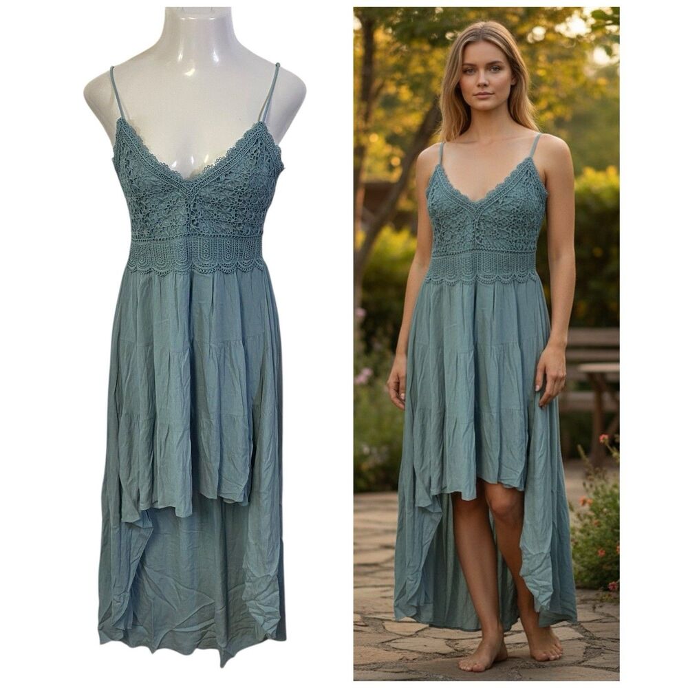 Justify Sundress Womens Size Large Green Hi Low Lace Date Elegant Boho